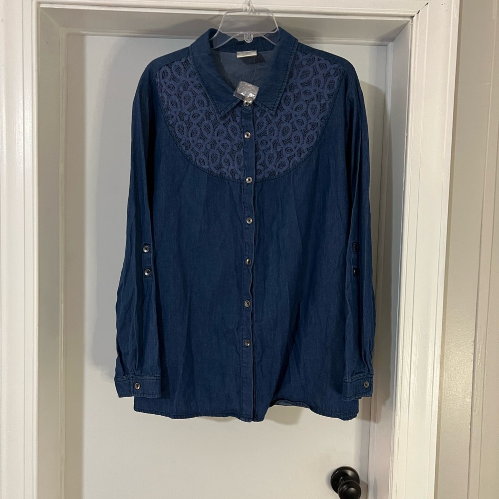 Bedford Fair NEW womens top blouse blue embroidered long sleeve 100% cotton 2X